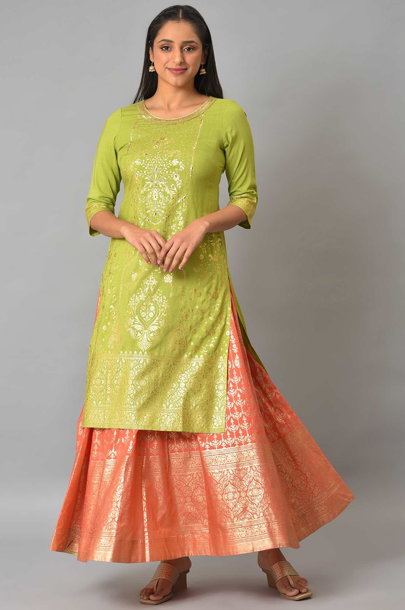 Green Embroidered Foil Printed Signature Kurta