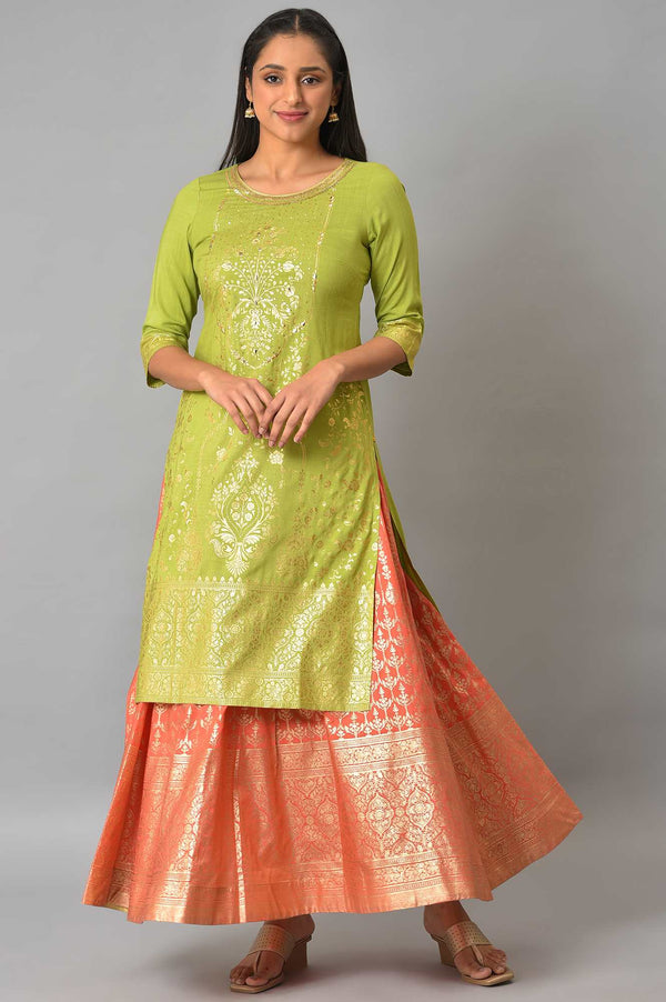 Green Embroidered Foil Printed Signature kurta
