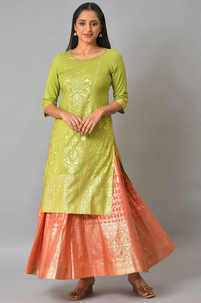 Green Embroidered Foil Printed Signature Kurta
