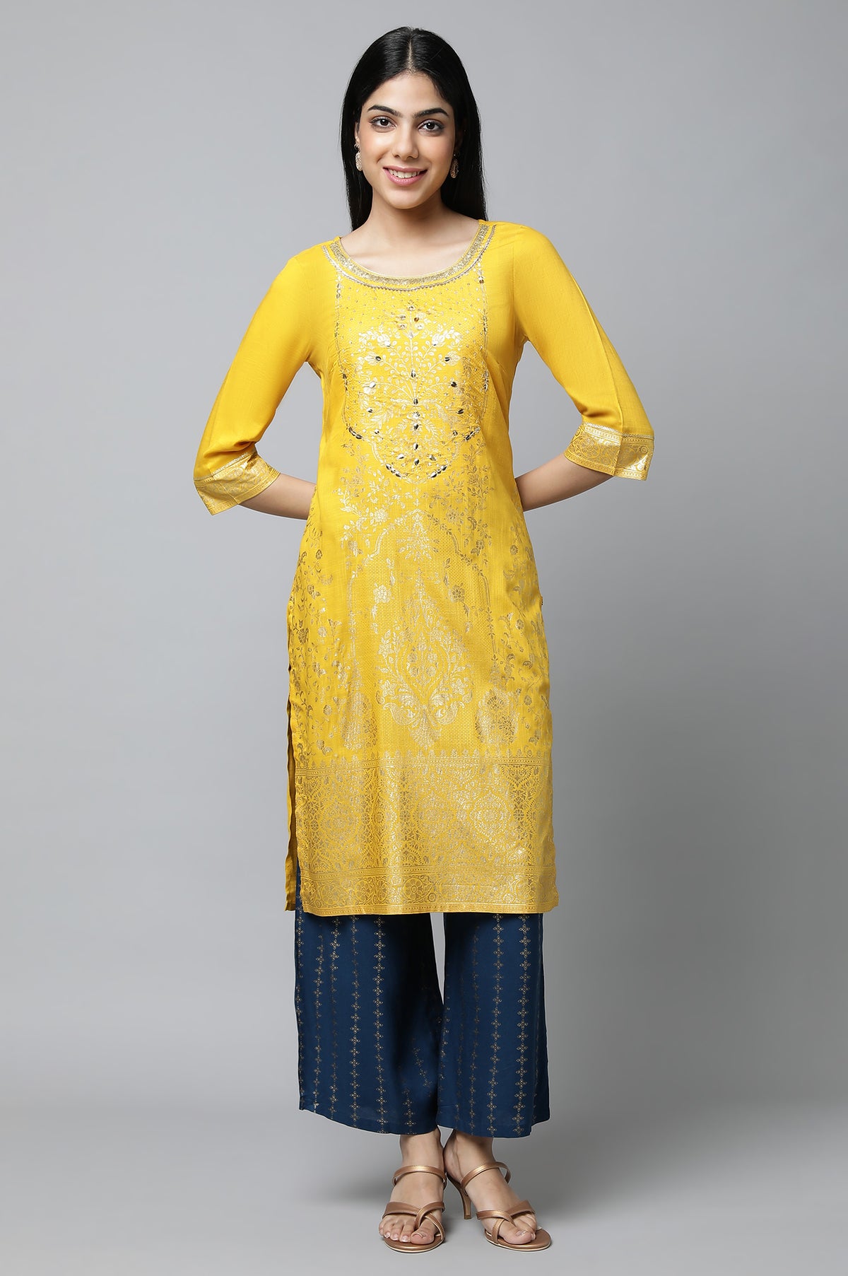 Yellow Embroiodered Festive Kurta - XS