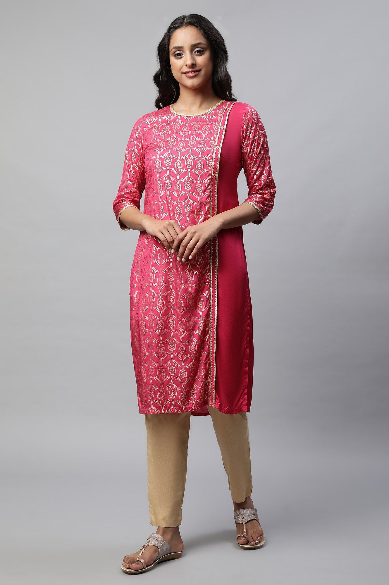 Pink Mock Overlap Straight kurta