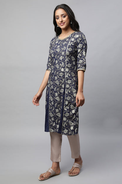 Blue Inverted Blox Pleats Straight kurta