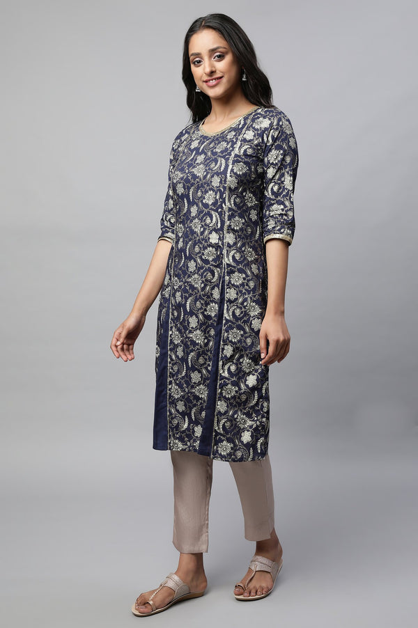 Blue Inverted Blox Pleats Straight Kurta
