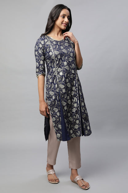 Blue Inverted Blox Pleats Straight kurta