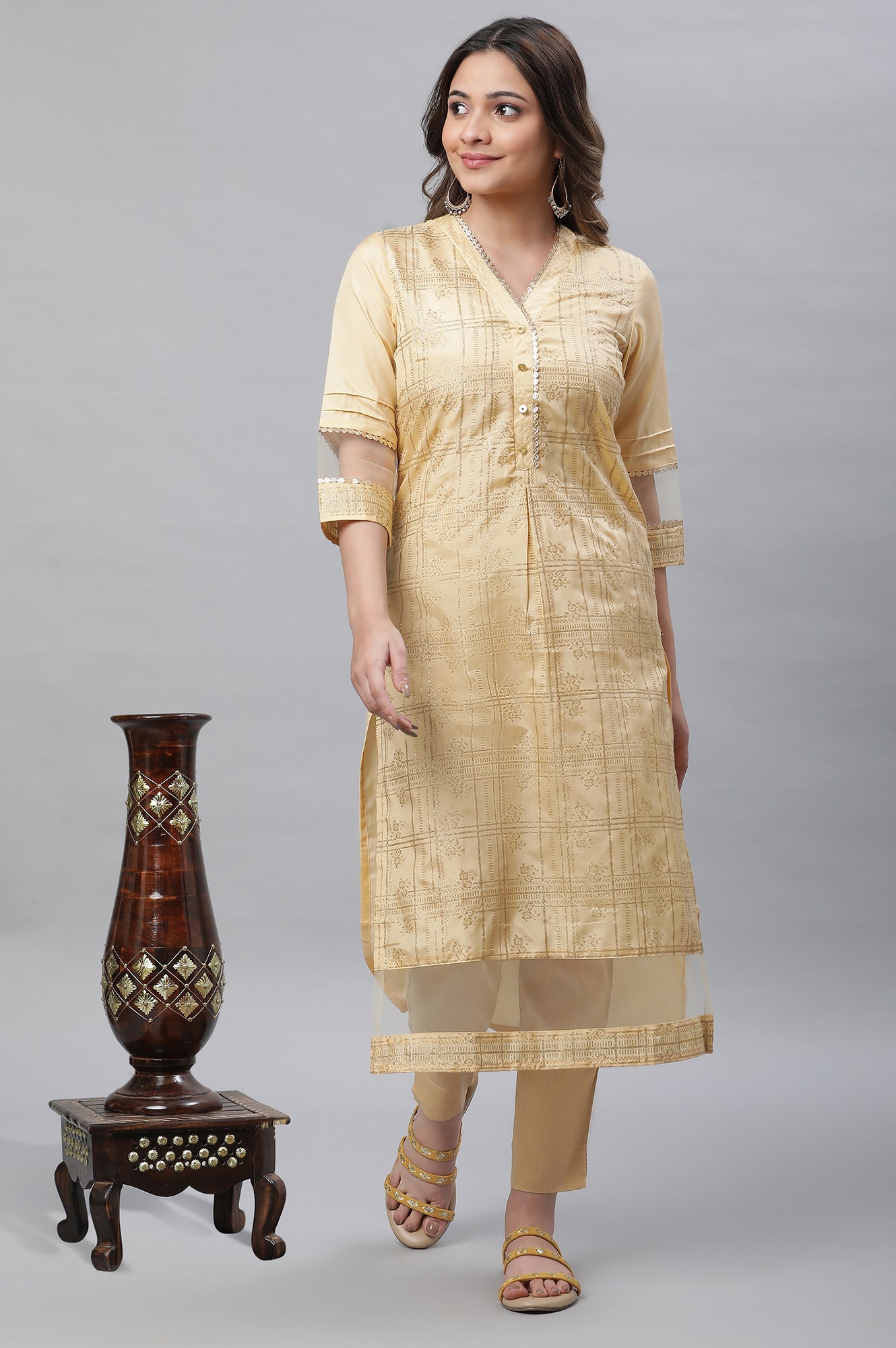 Yellow Glitter Printed Festive Kurta