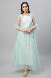Green Textured Net Dress with Embroidered Yoke