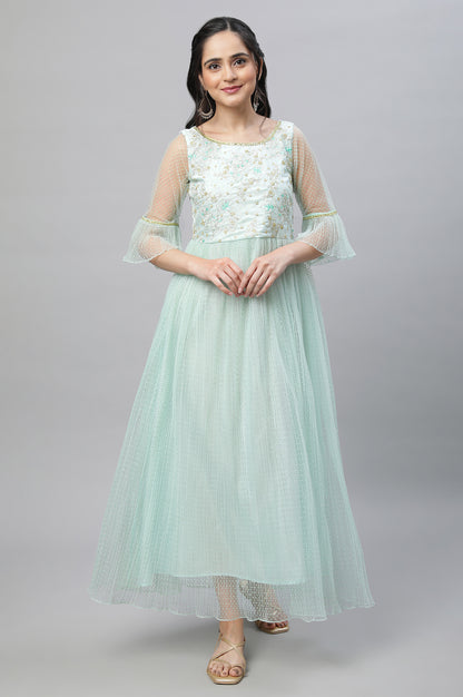 Green Textured Net Dress with Embroidered Yoke