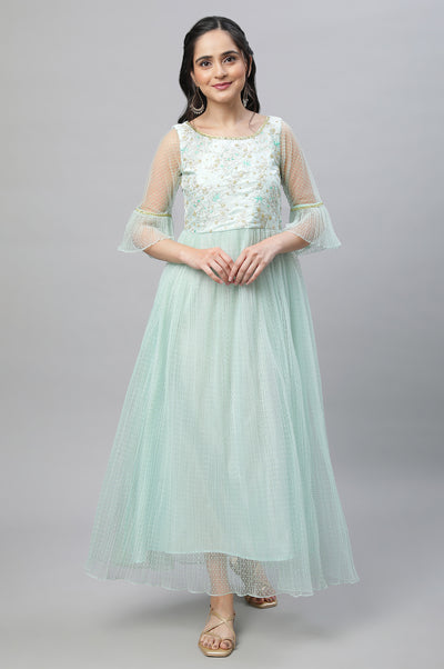 Green Textured Net Dress with Embroidered Yoke
