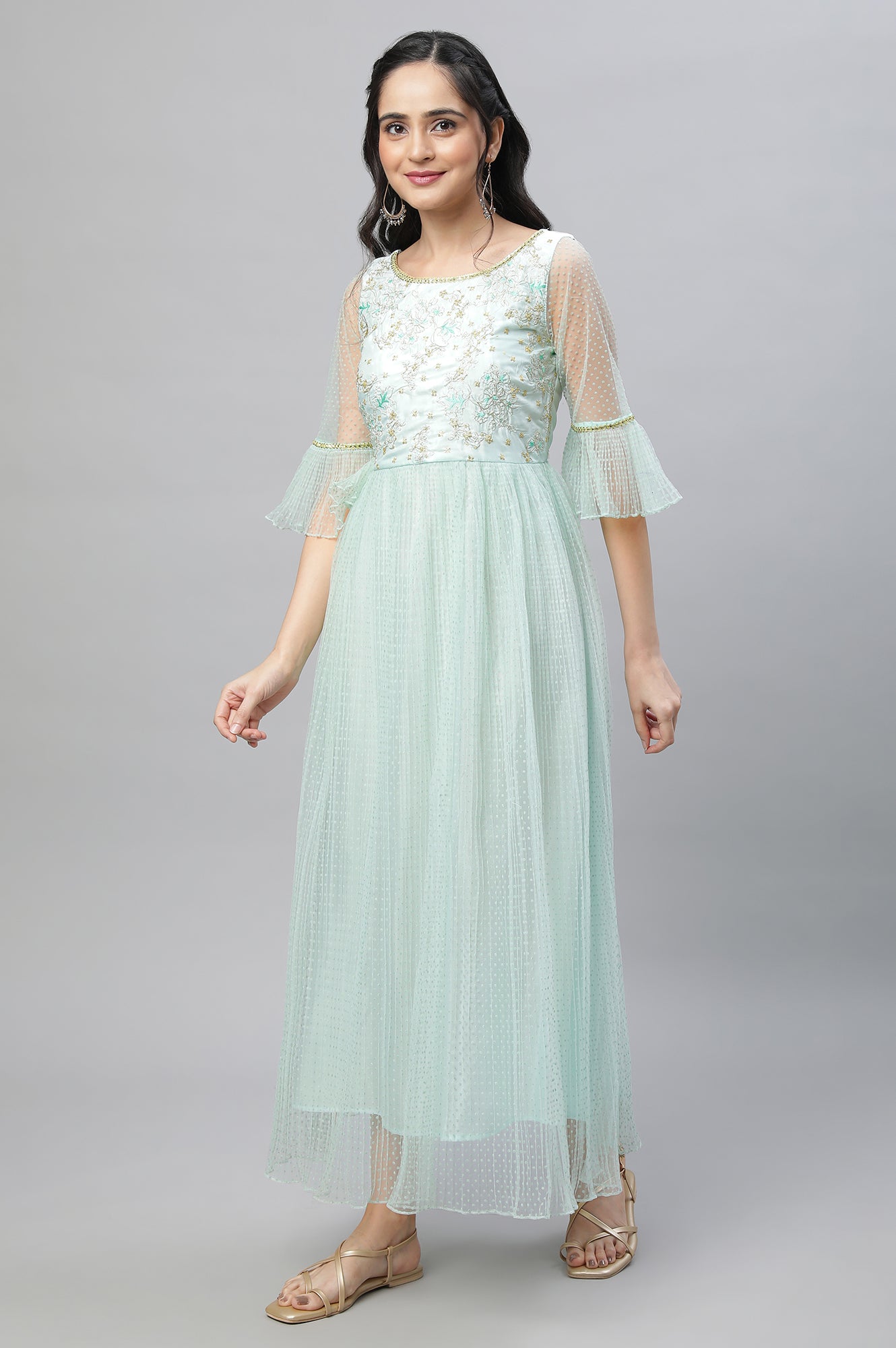 Green Textured Net Dress with Embroidered Yoke