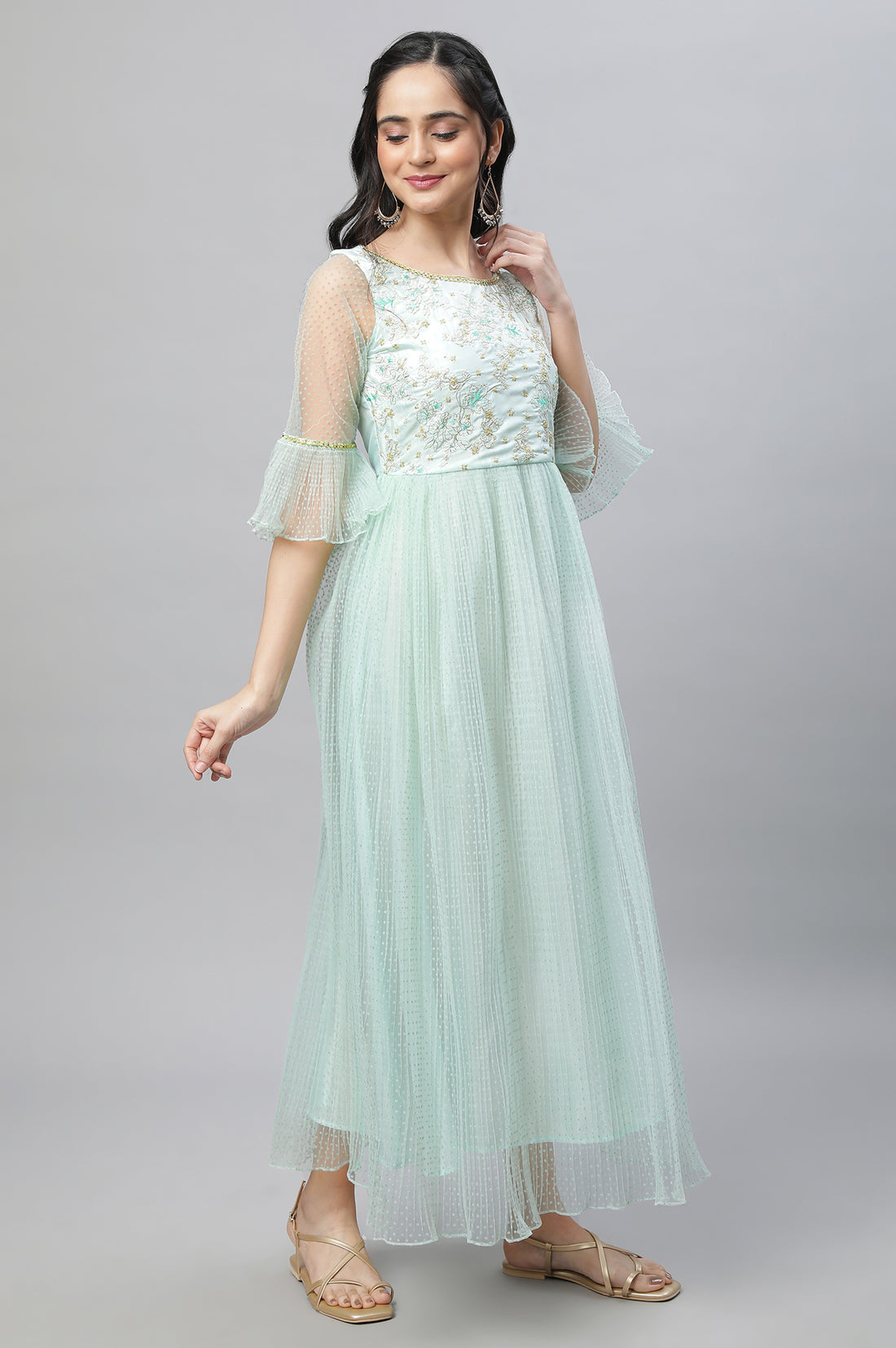 Green Textured Net Dress with Embroidered Yoke
