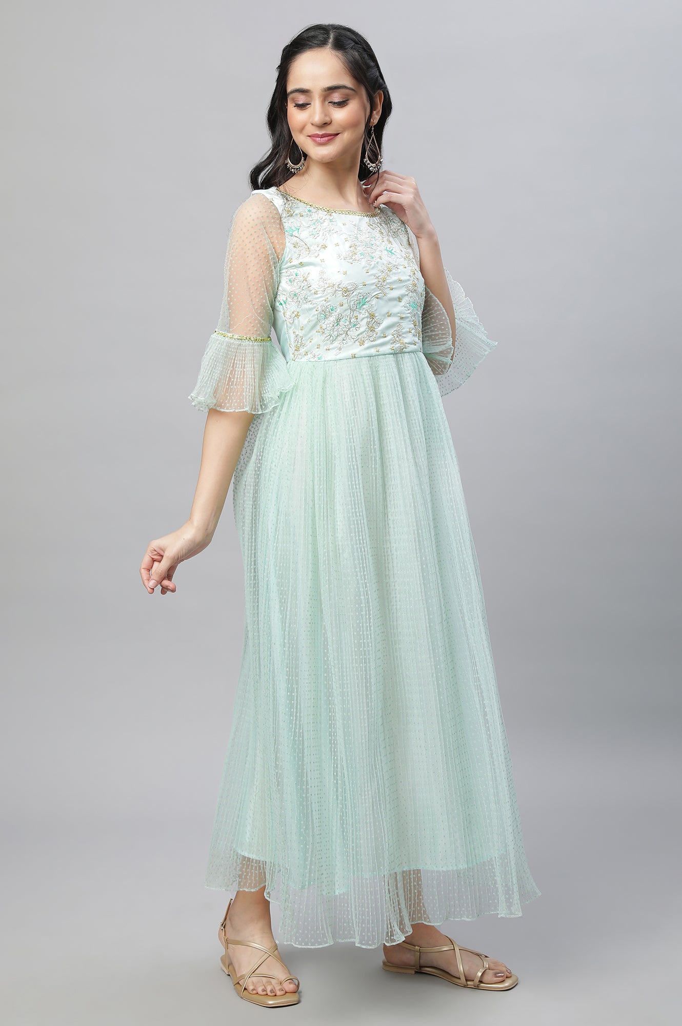 Green Textured Net Dress with Embroidered Yoke