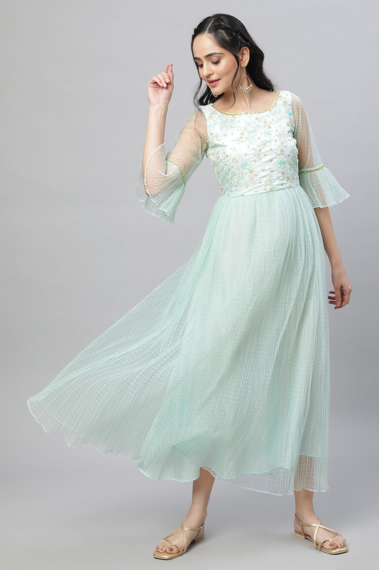 Green Textured Net Dress with Embroidered Yoke