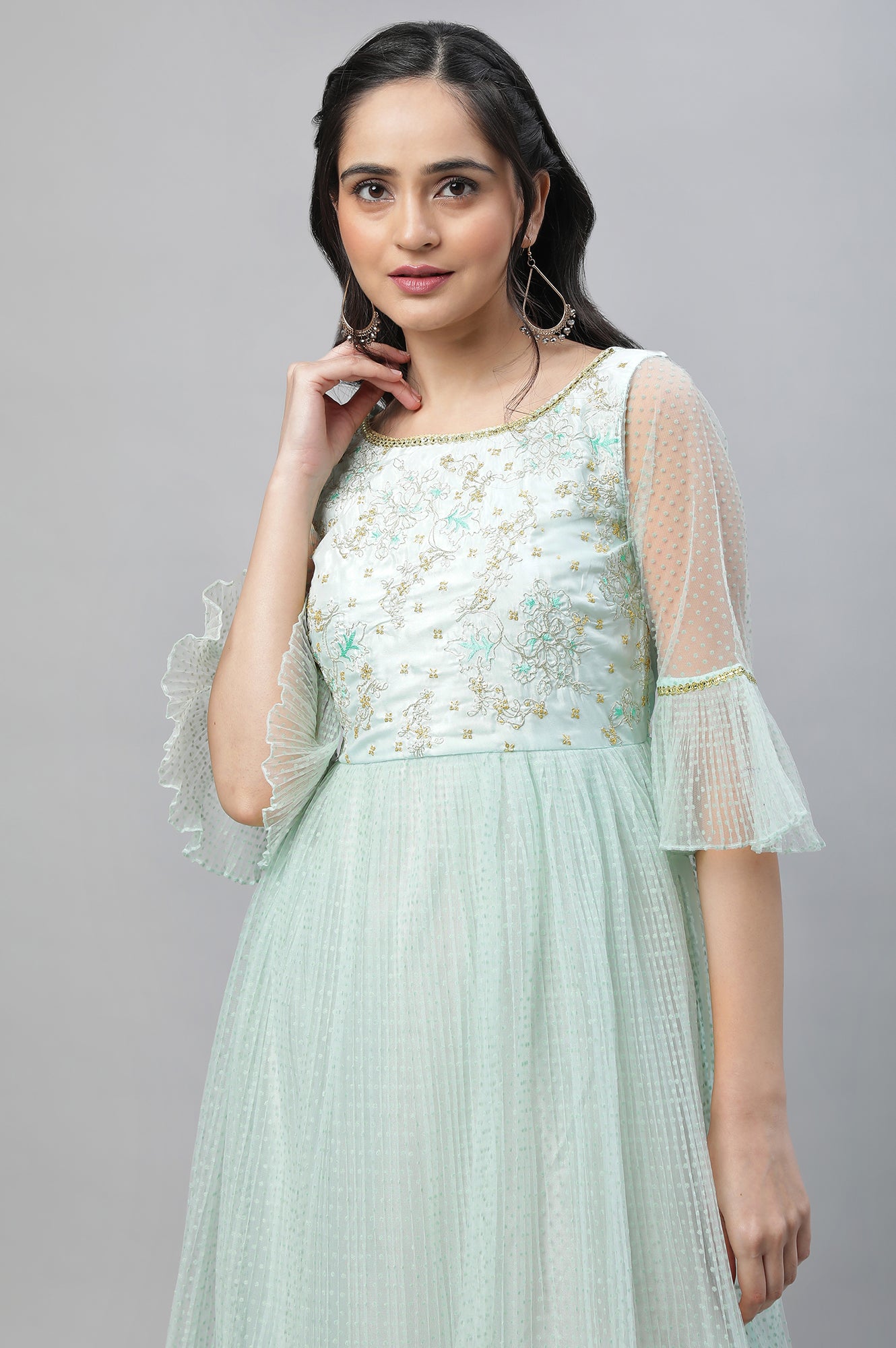 Green Textured Net Dress with Embroidered Yoke