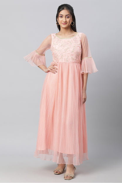 Peach Textured Net Dress With Embroidered Yoke