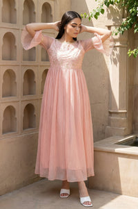 Peach Textured Net Dress With Embroidered Yoke