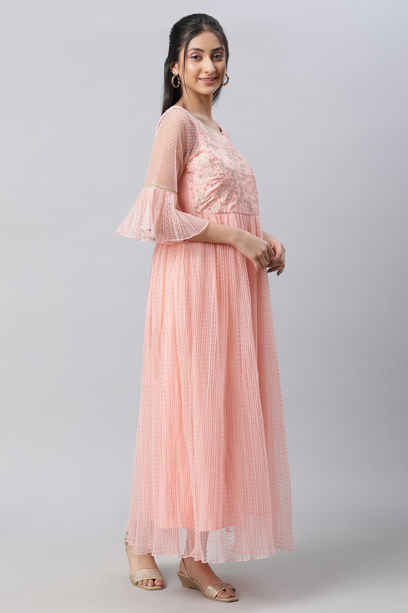 Peach Textured Net Dress With Embroidered Yoke