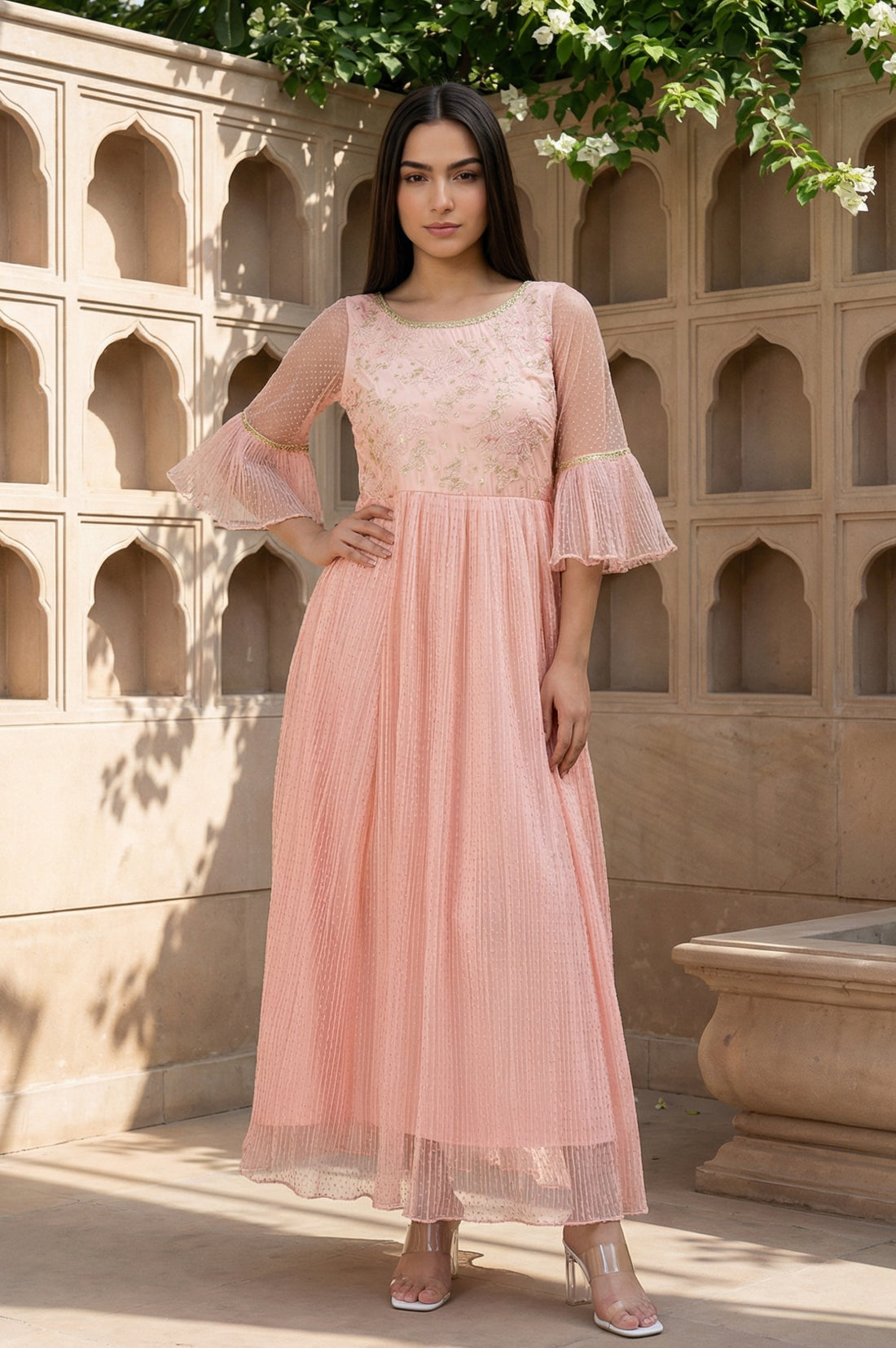 Peach Textured Net Dress With Embroidered Yoke