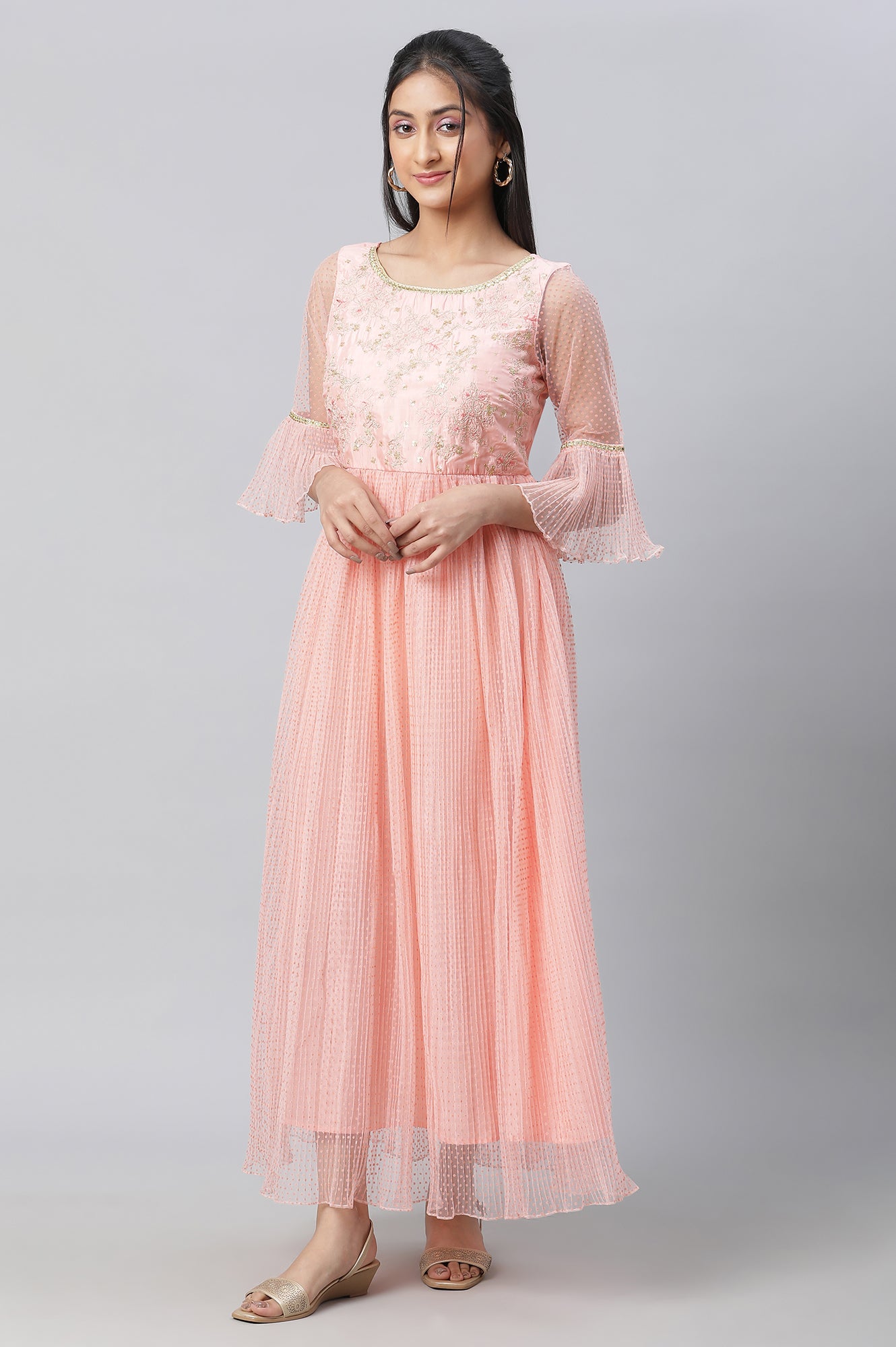 Peach Textured Net Dress With Embroidered Yoke