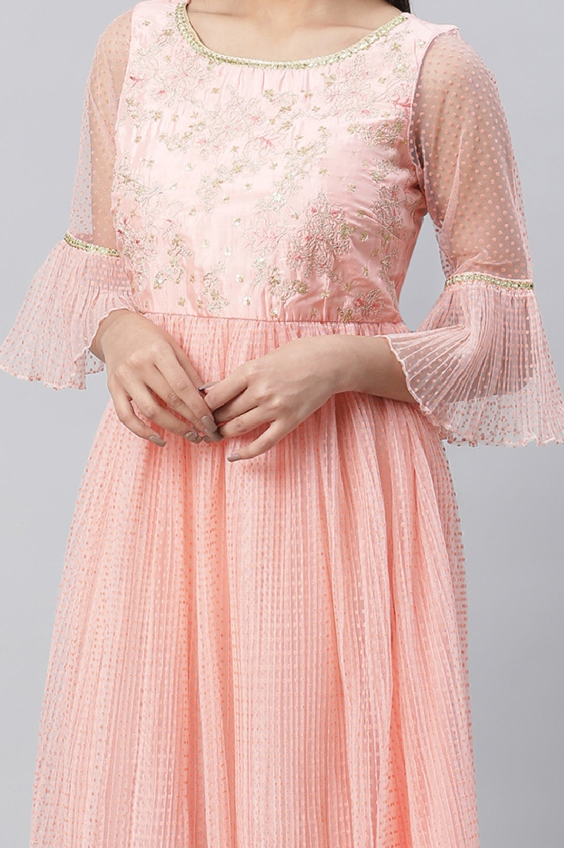 Peach Textured Net Dress With Embroidered Yoke