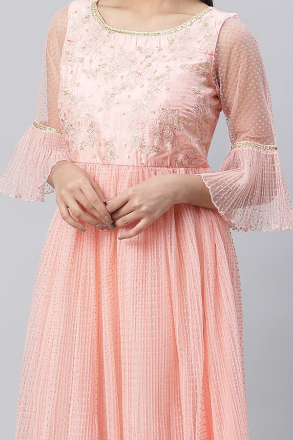 Peach Textured Net Dress With Embroidered Yoke
