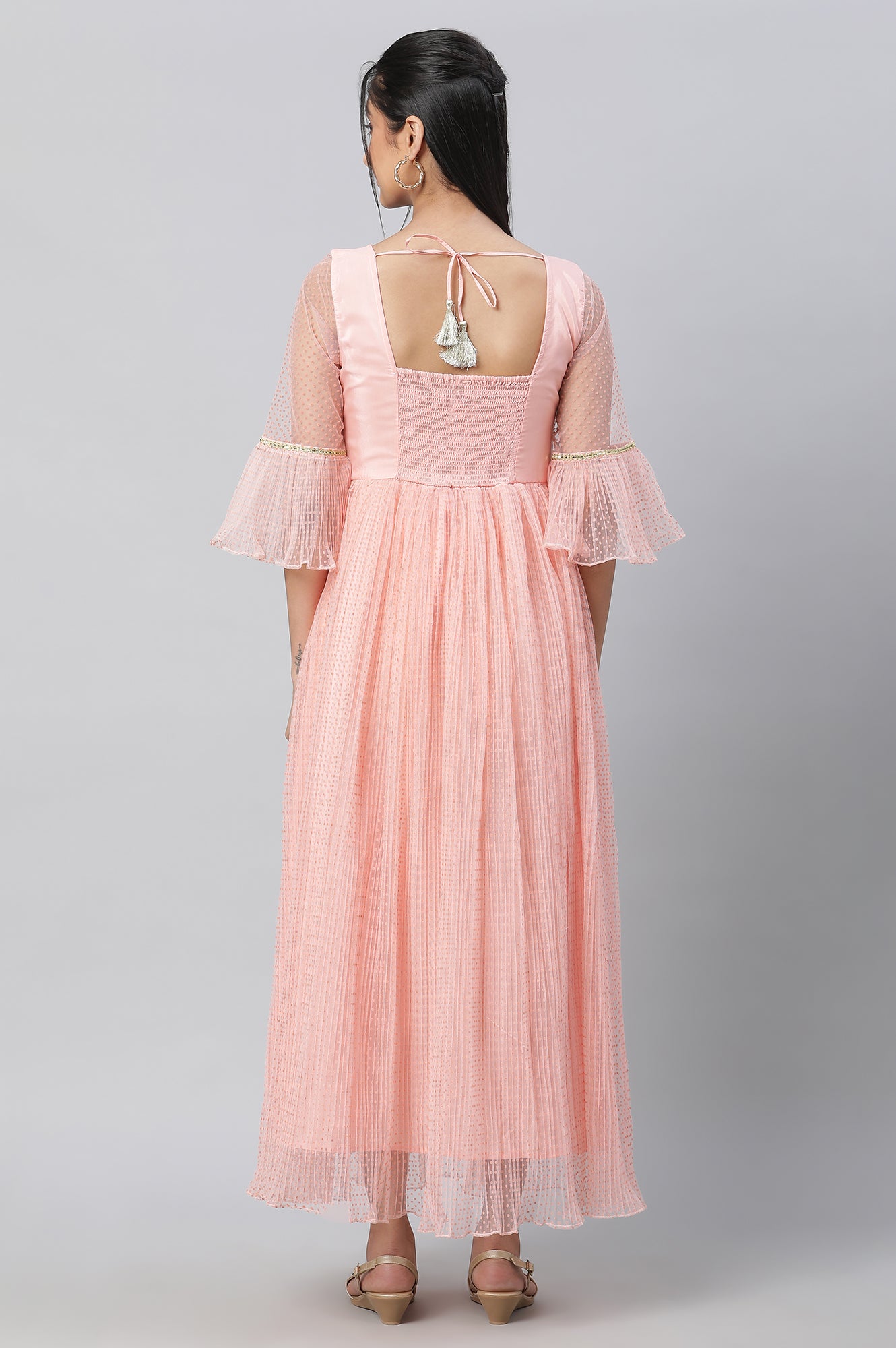 Peach Textured Net Dress With Embroidered Yoke