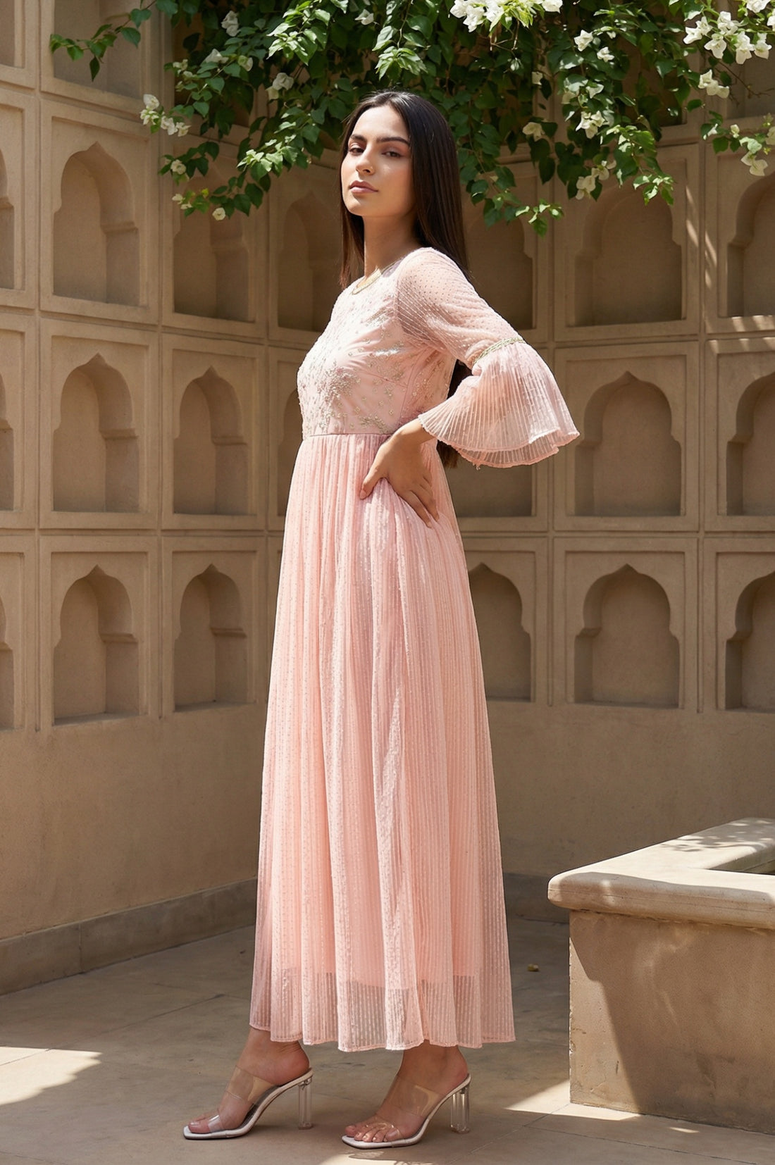 Peach Textured Net Dress With Embroidered Yoke