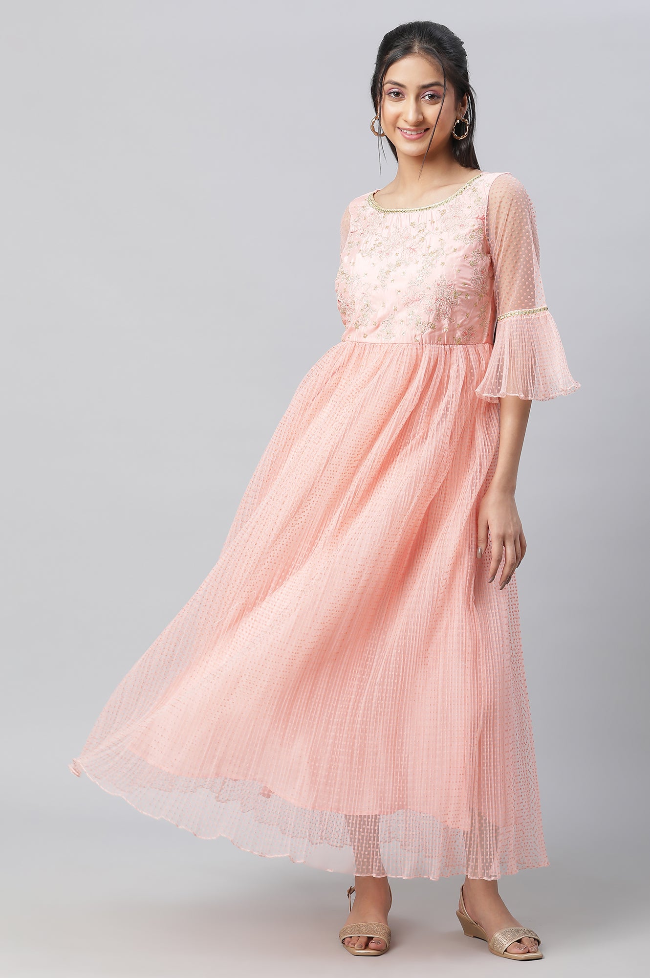 Peach Textured Net Dress With Embroidered Yoke