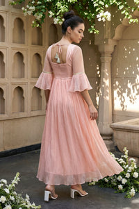 Peach Textured Net Dress With Embroidered Yoke