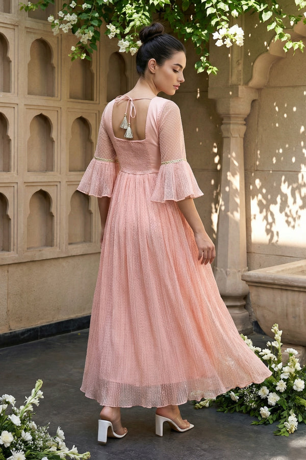Peach Textured Net Dress With Embroidered Yoke