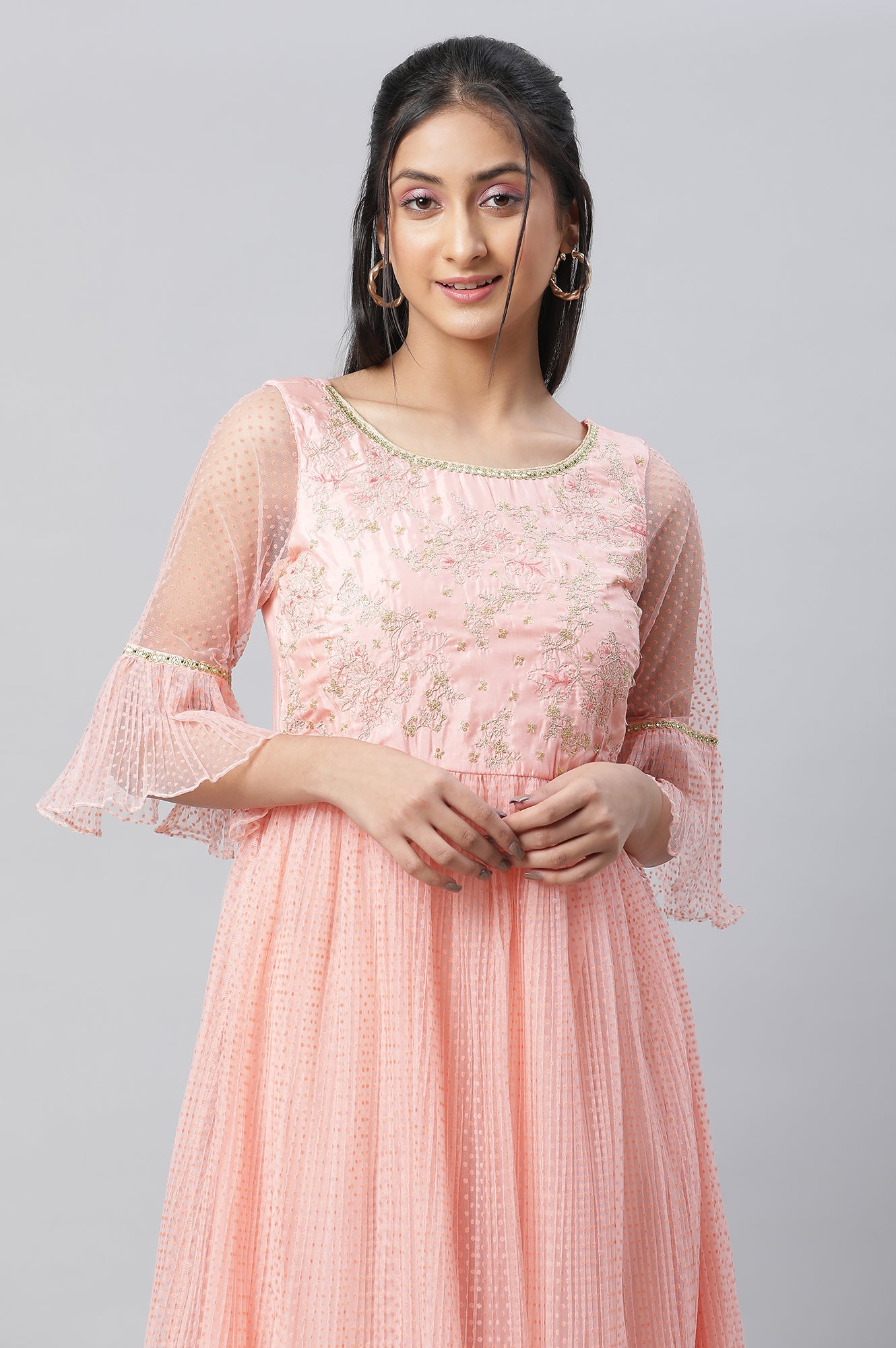 Peach Textured Net Dress With Embroidered Yoke