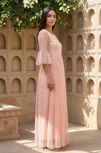 Peach Textured Net Dress With Embroidered Yoke