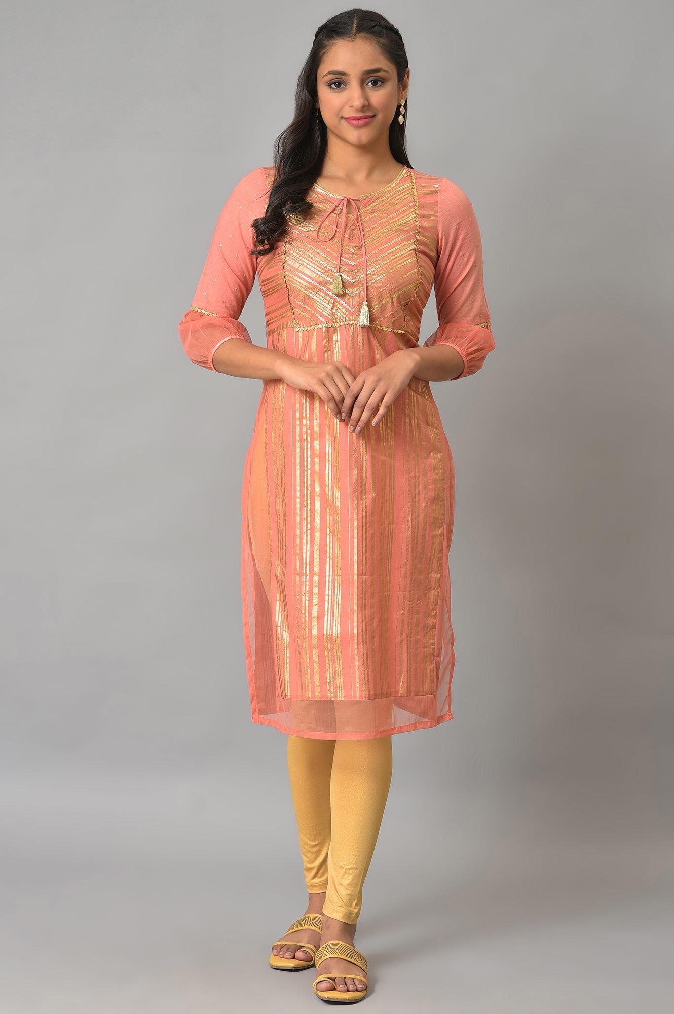 Peach Sequined Yoke Striped kurta