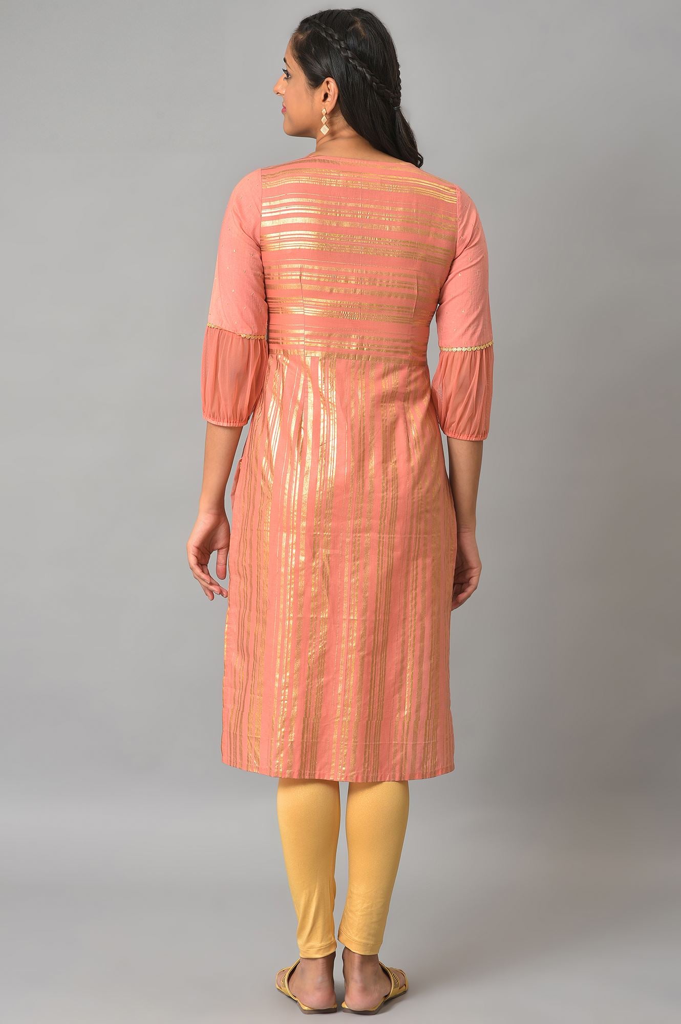 Peach Sequined Yoke Striped kurta