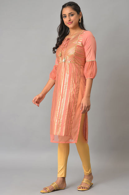 Peach Sequined Yoke Striped kurta