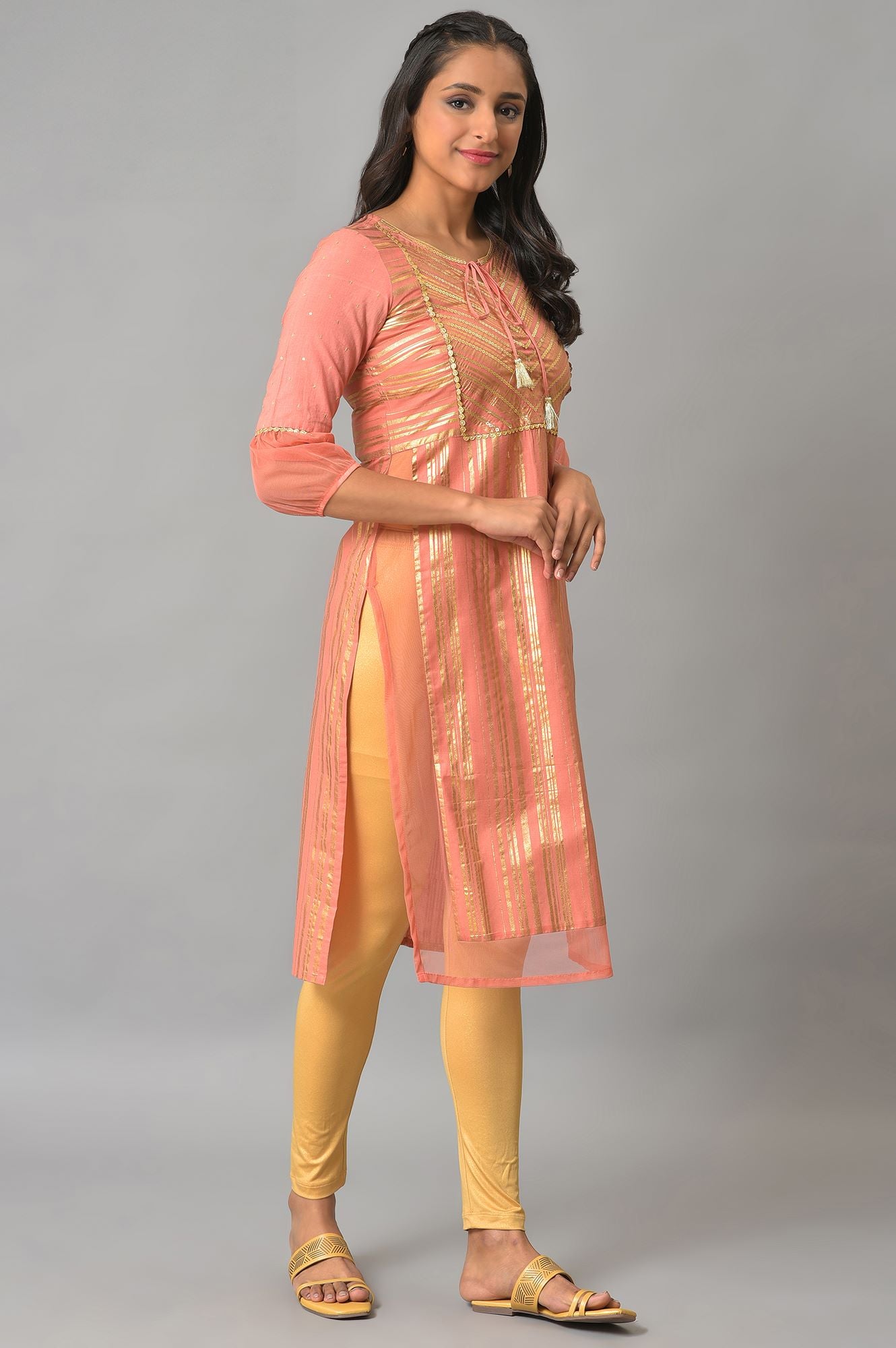 Peach Sequined Yoke Striped kurta