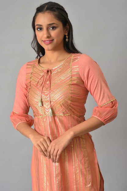 Peach Sequined Yoke Striped kurta