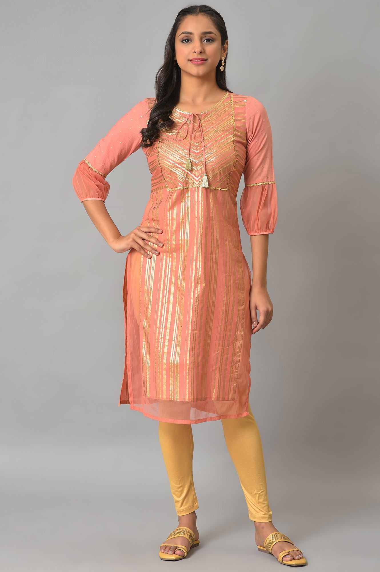 Peach Sequined Yoke Striped kurta