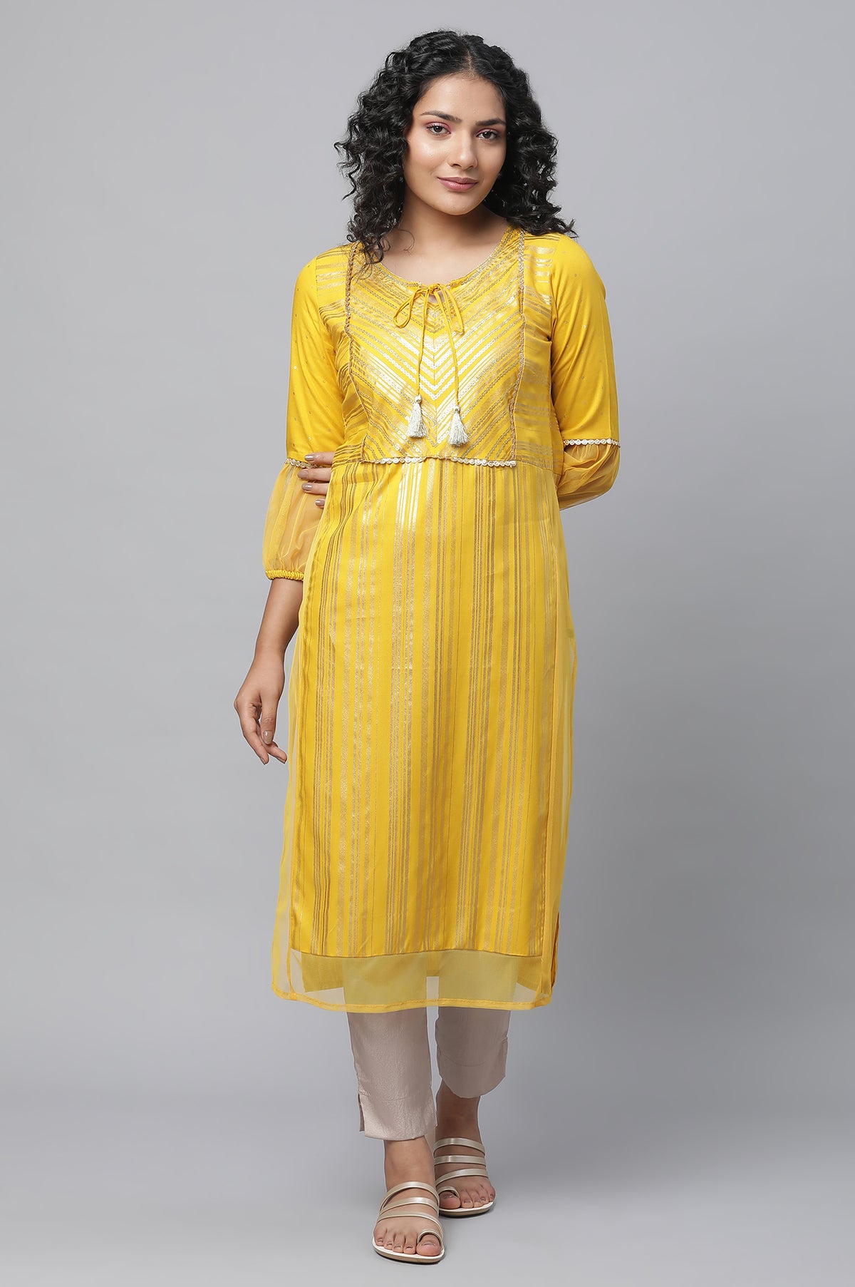 Yellow Sequined Yoke Striped kurta - XS