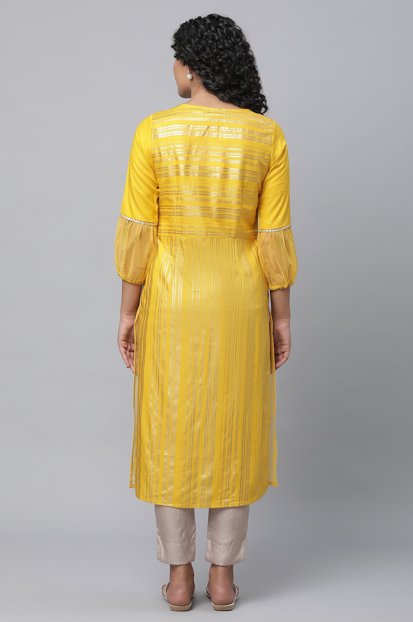 Yellow Sequined Yoke Striped kurta