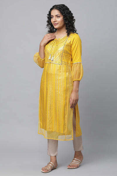 Yellow Sequined Yoke Striped kurta
