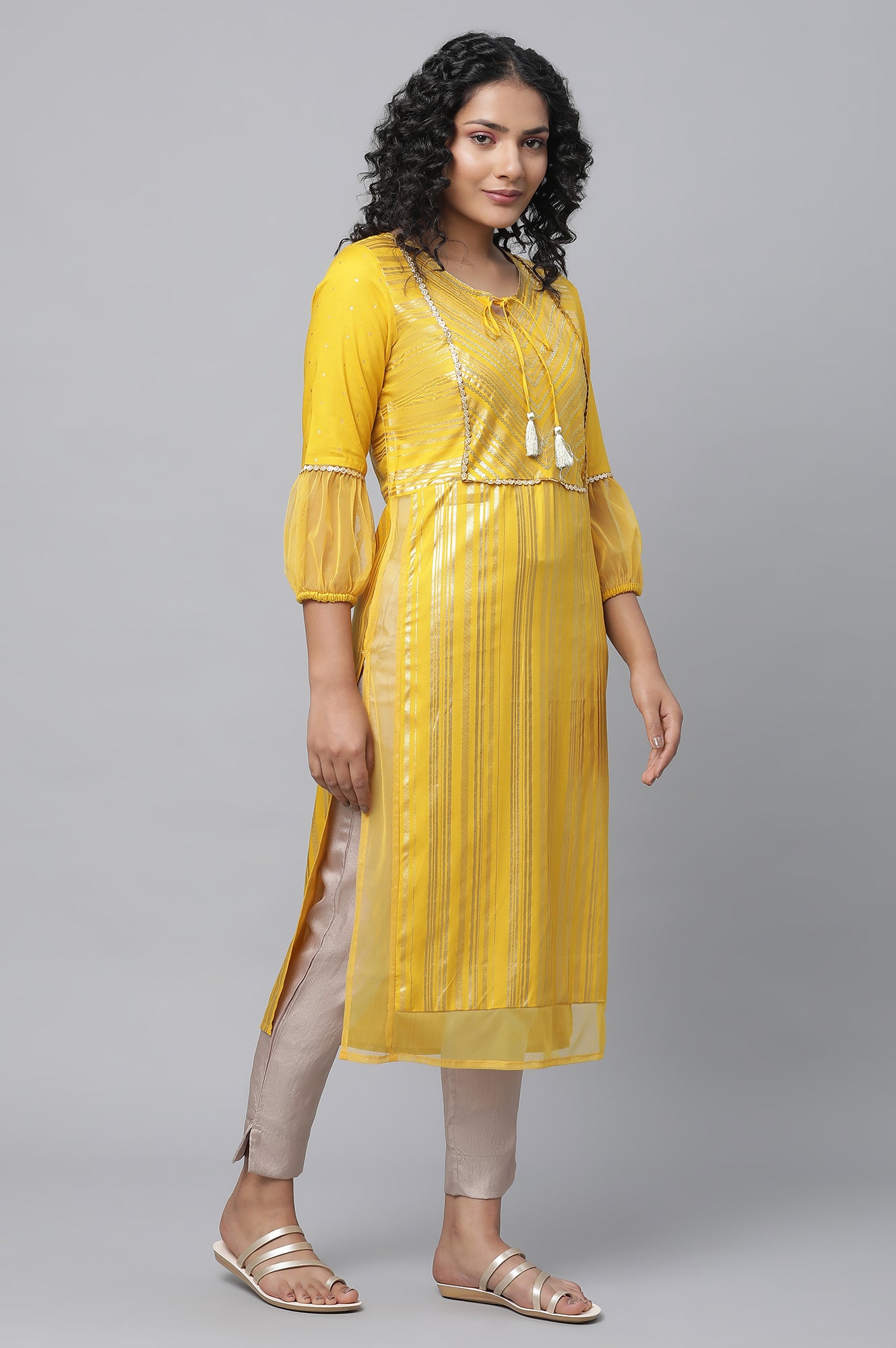 Yellow Sequined Yoke Striped kurta