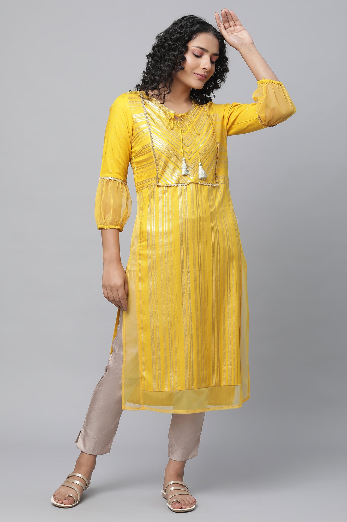 Yellow Sequined Yoke Striped kurta