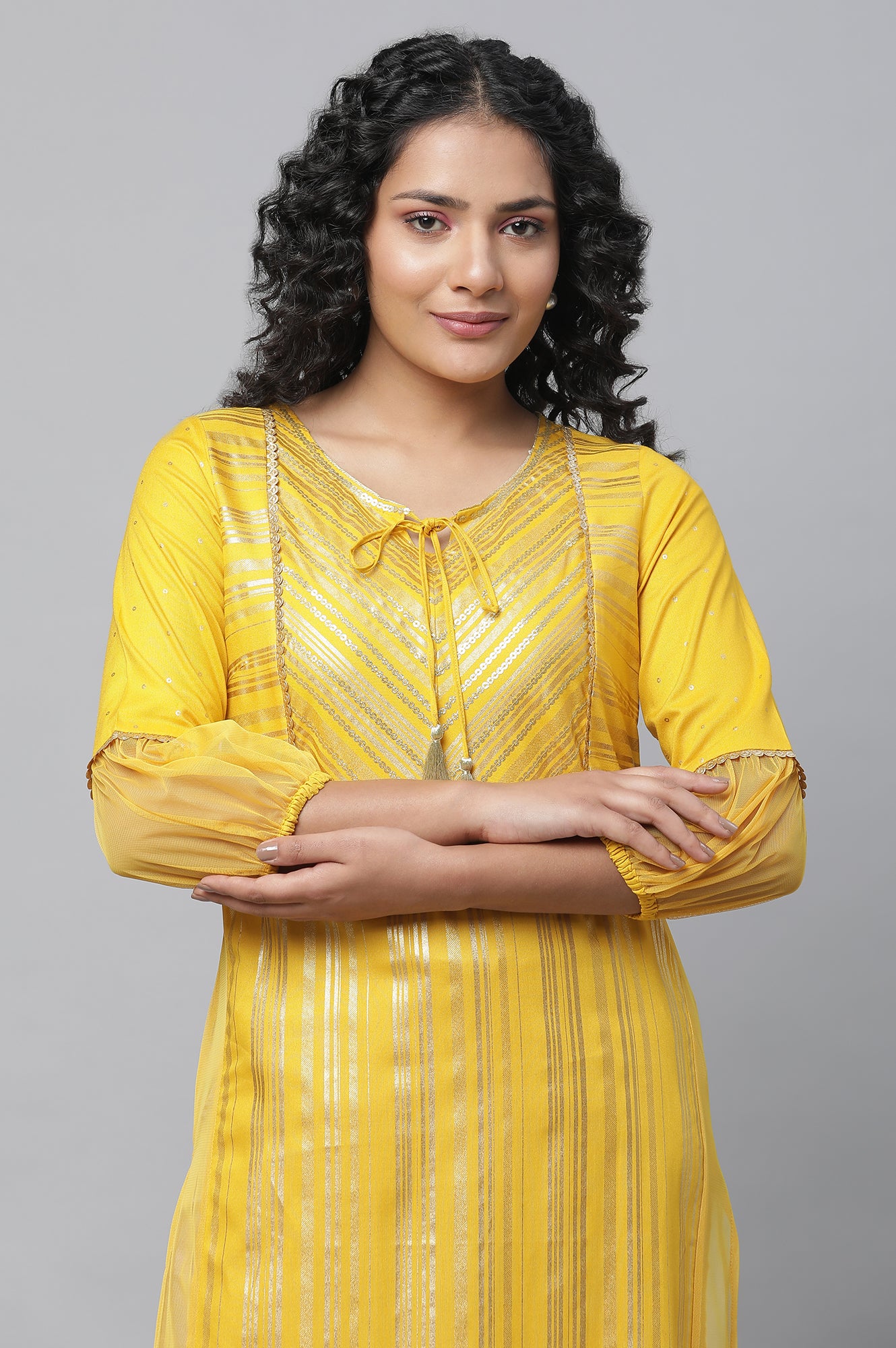 Yellow Sequined Yoke Striped kurta