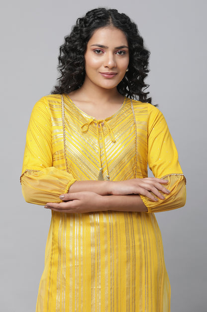 Yellow Sequined Yoke Striped kurta