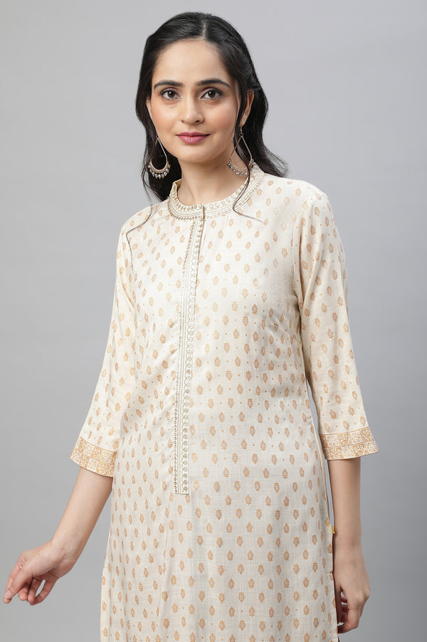 White Zari Embroidered and Sequins Straight Kurta and Palazzo Set