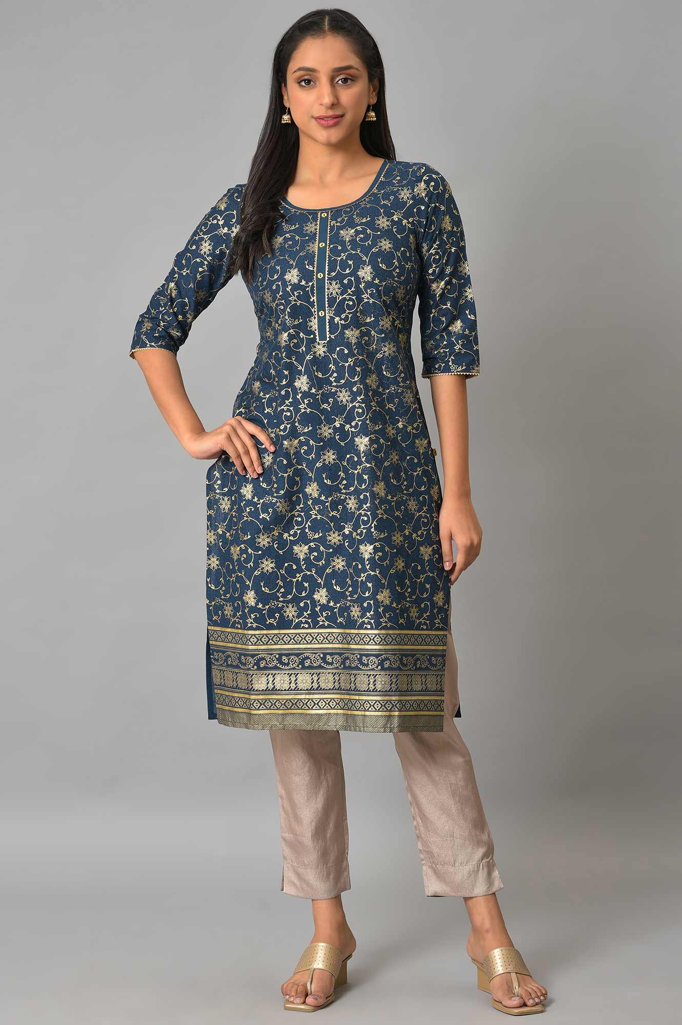 Blue Rayon kurta In Floral Foil Print