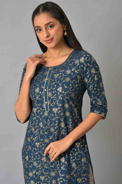 Blue Rayon kurta In Floral Foil Print