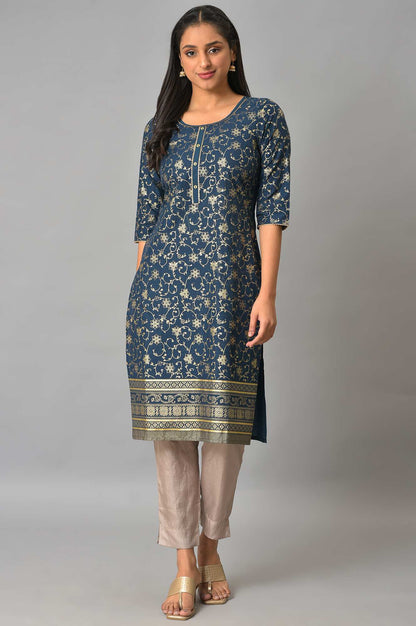 Blue Rayon kurta In Floral Foil Print