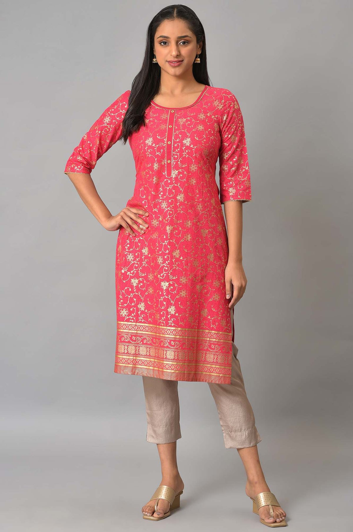 Pink Rayon kurta In Floral Foil Print - XS