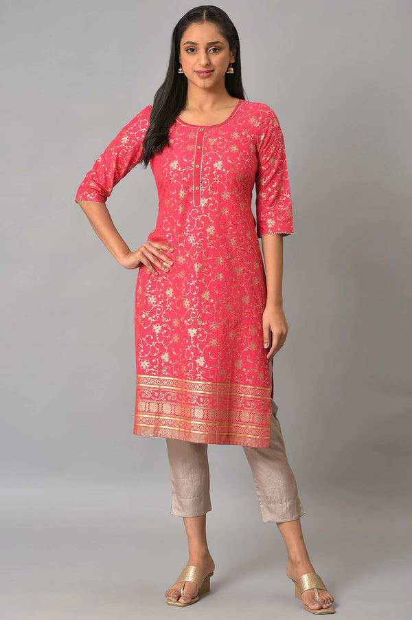 Pink Rayon kurta In Floral Foil Print